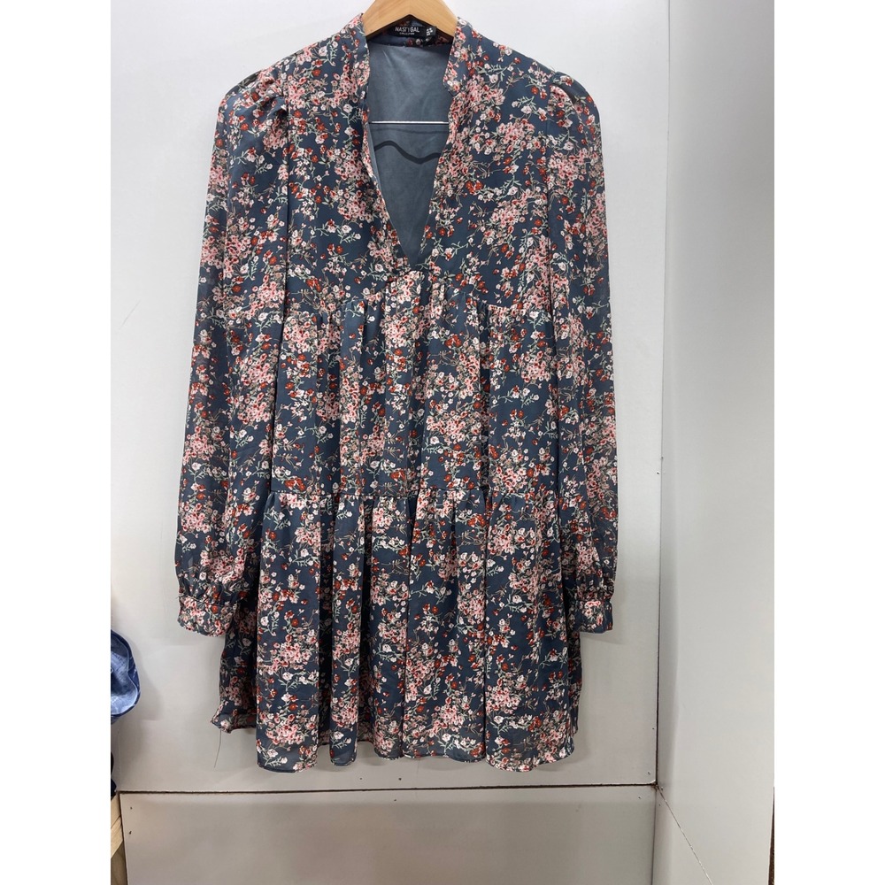Nasty Gal Collection Blue Floral Tiered Mini‎ Dress Long Sleeve V-Neck Size US 6